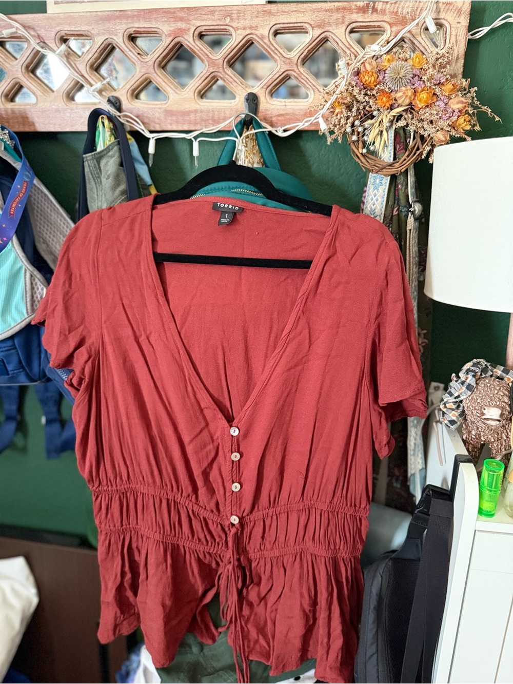 torrid rust red V-neck Button-Front Peplum Top
